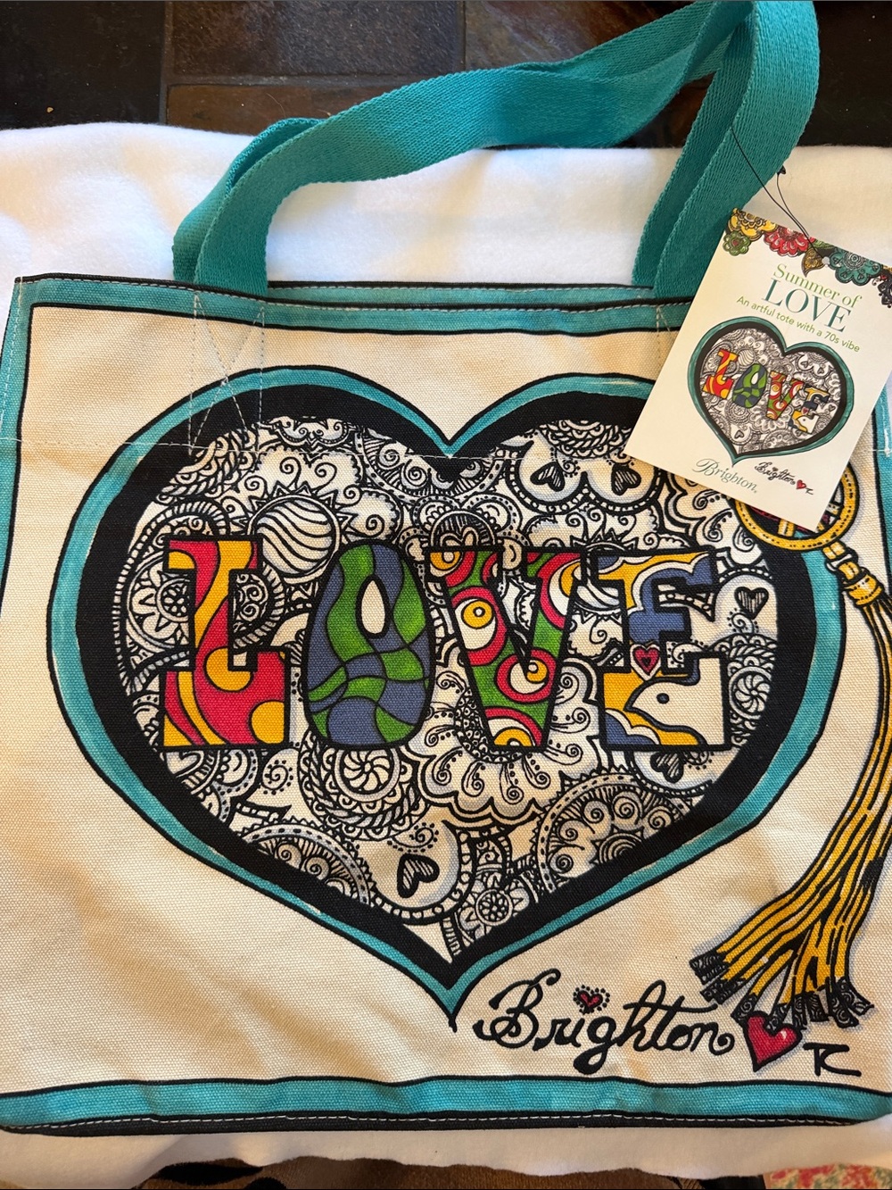 Brighton Teal-Trim Canvas summer of love 70s Heart Artwork NWT